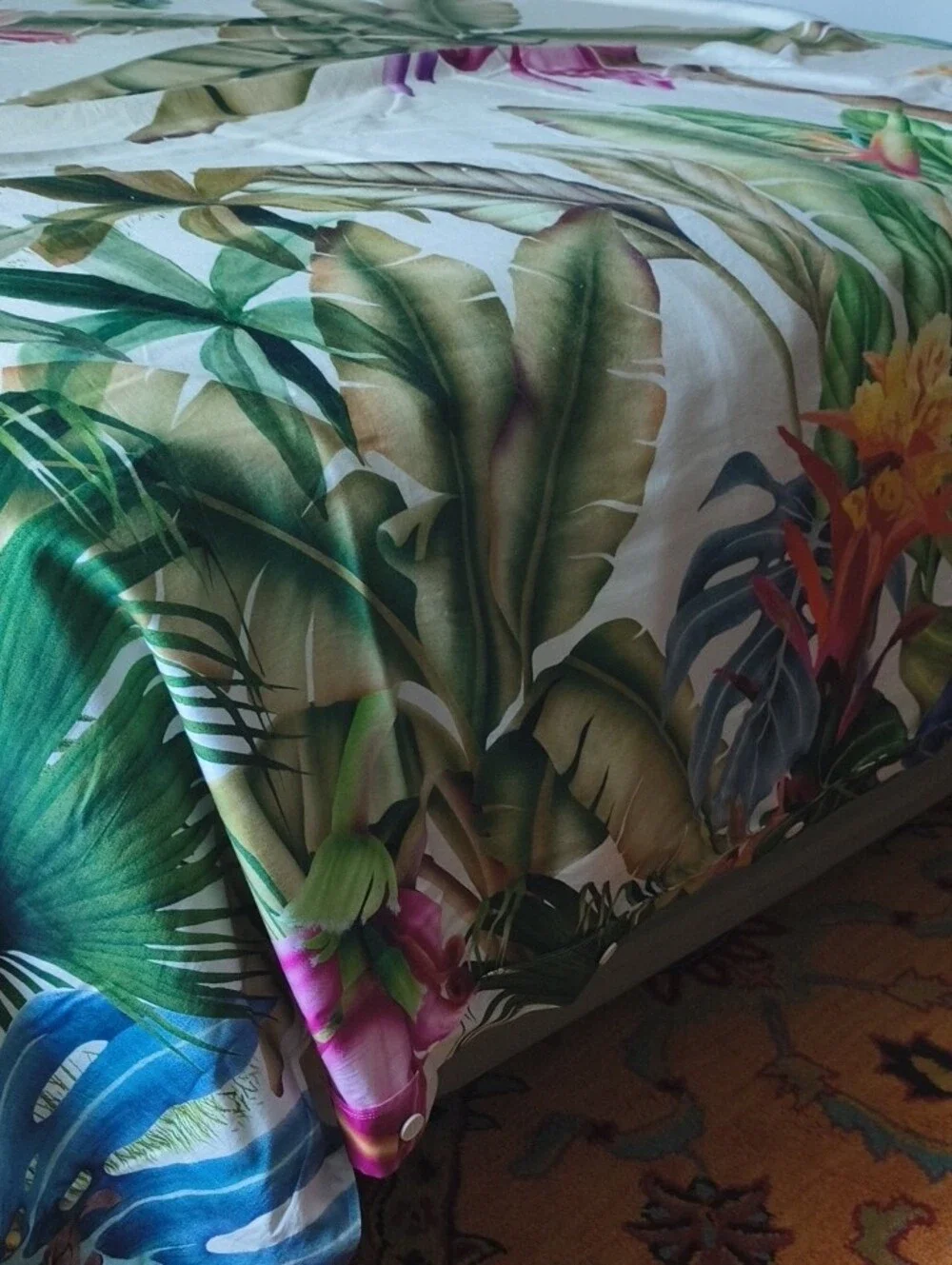 Tropical Botanical Print Queen Duvet Cover - Cream with Green and Pink